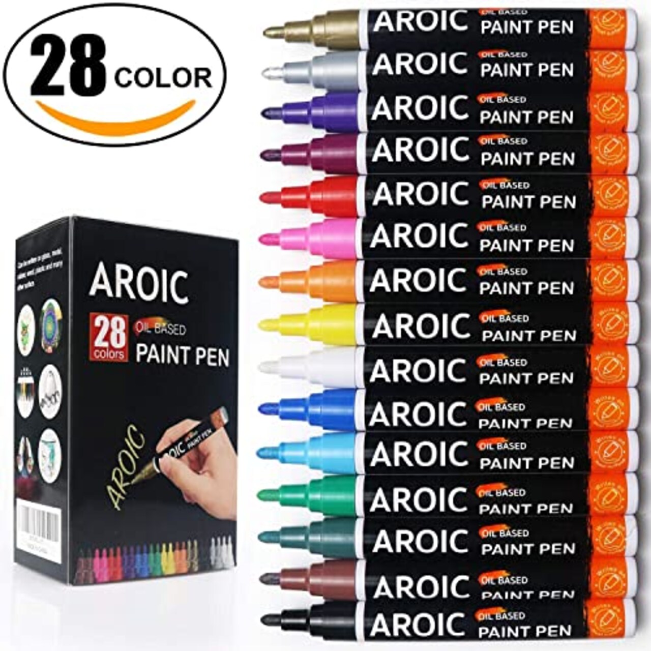 Paint Markers, 28 Colors Oil-Based Waterproof Paint Marker Pen Set. Posca Paint Markers for Rock, Wood, Metal, Plastic, Glass, Canvas, Ceramic & More! Safe and odorless.